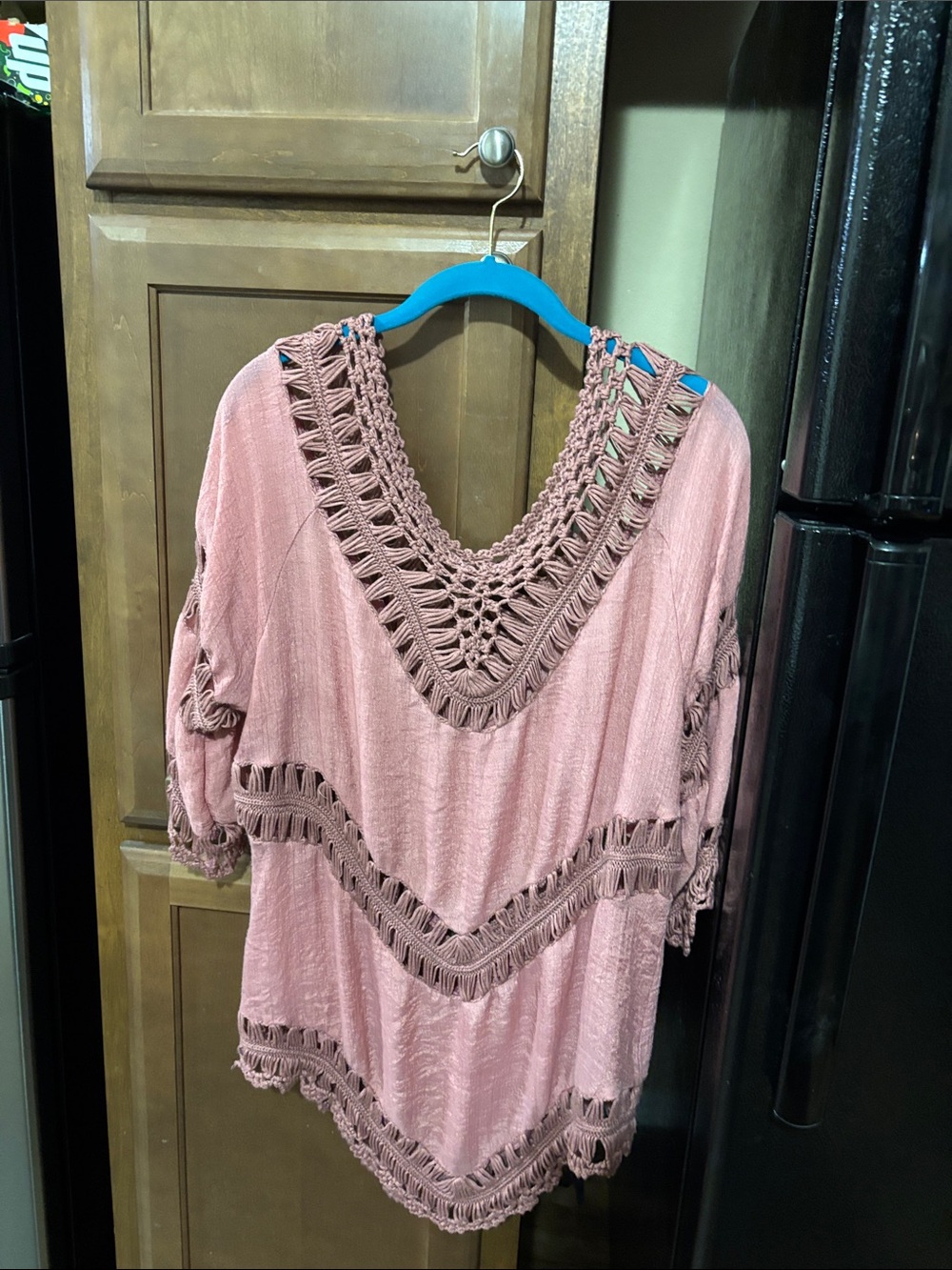 Source Unknown Dusty Rose Crochet V-Neck Boho Tunic